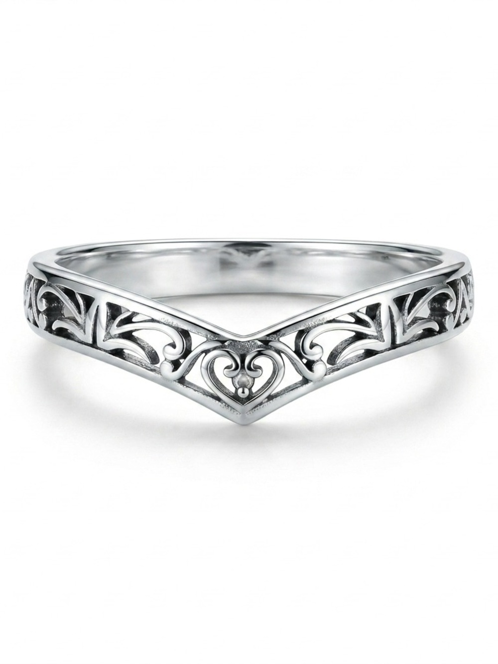 Silver V-Contour Filigree Vintage Heart Chevron Ring